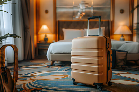 A suitcase beside a racquet in a hotel room; blurred stadium lights in background.
